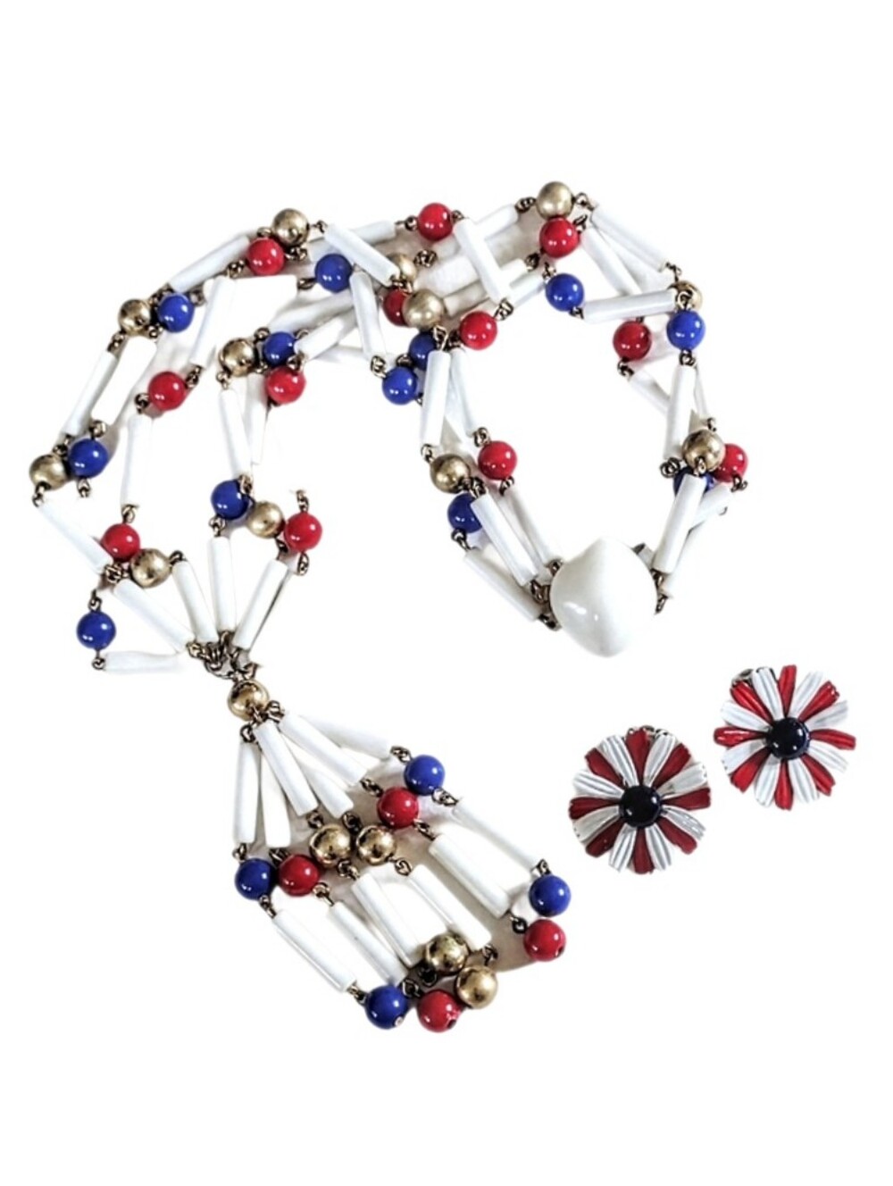 🇺🇲 Vintage Red White Blue Tassel Pendant Necklace Enamel Flower Earrings Set